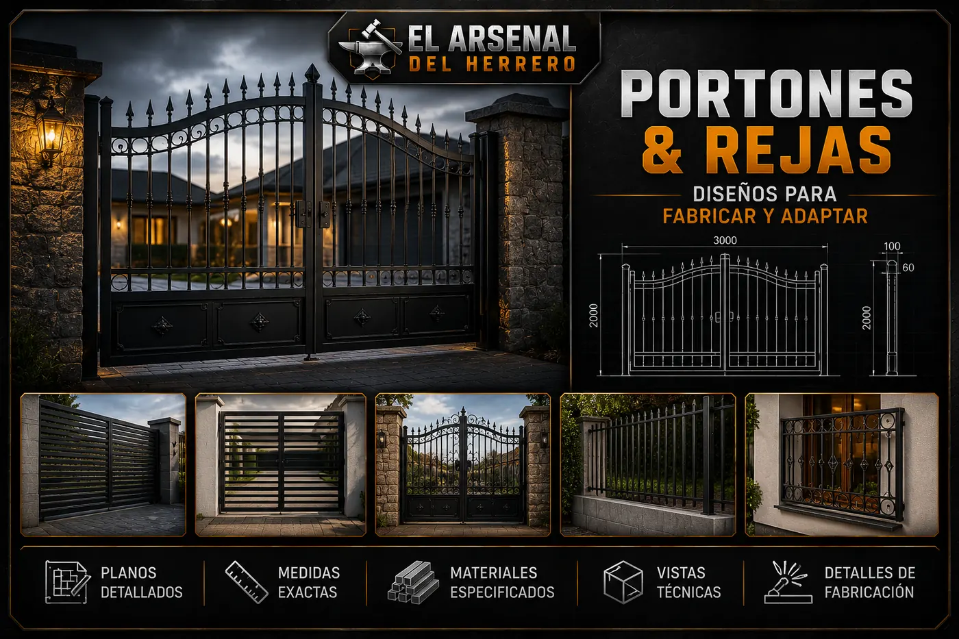 Portones y rejas: diseños para fabricar y adaptar, con planos, medidas y vistas técnicas
