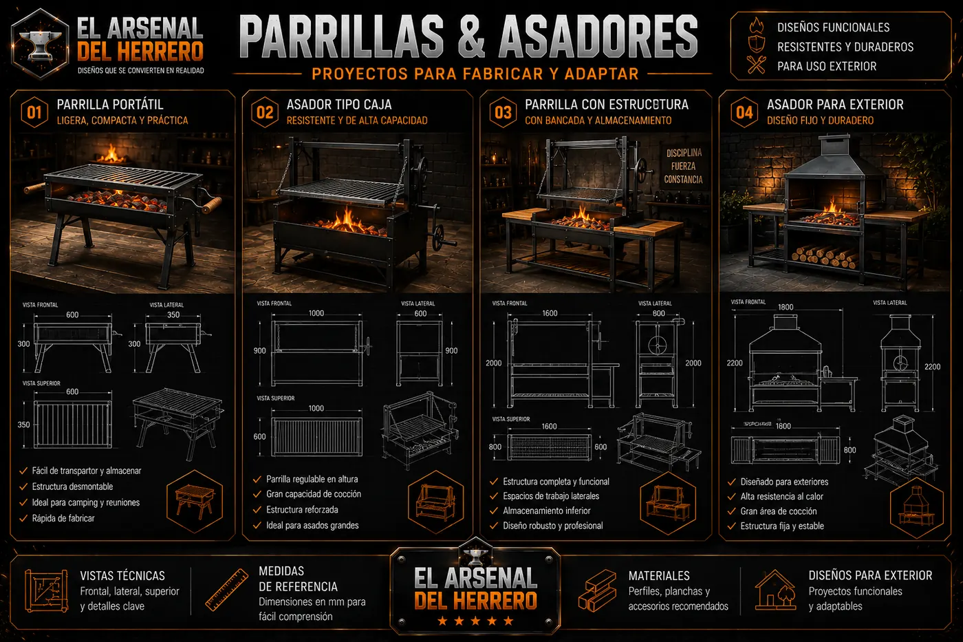 Parrillas y asadores: parrilla portátil, asador tipo caja, parrilla con estructura y asador para exterior