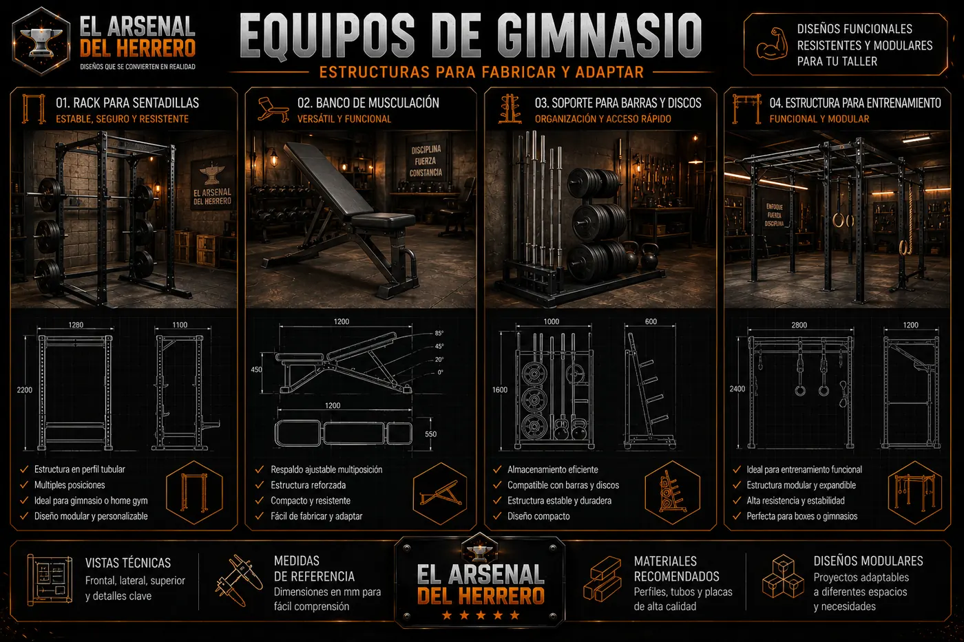 Equipos de gimnasio: rack para sentadillas, banco de musculación, soporte para barras y estructura para entrenamiento