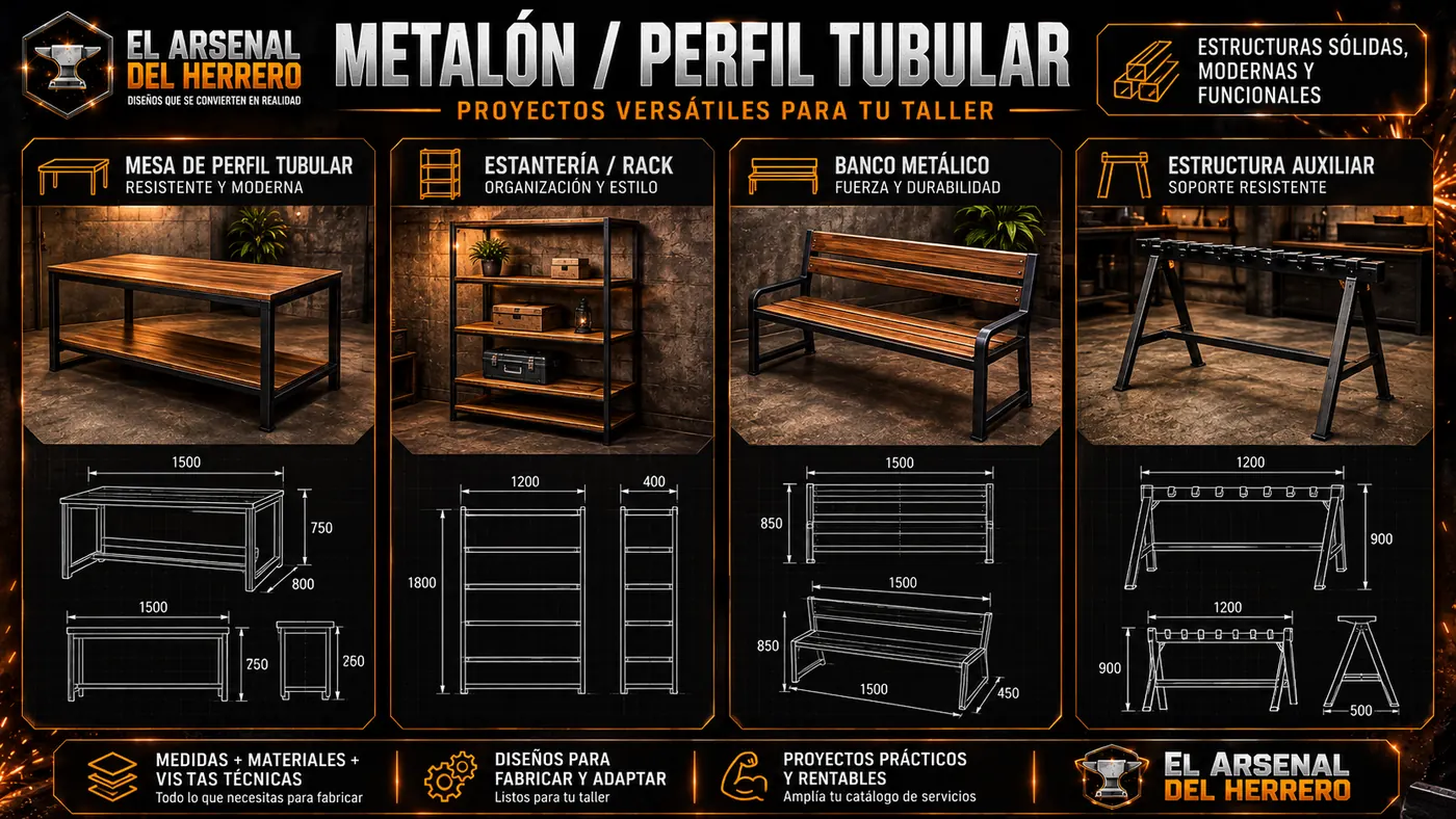 Metalón y perfil tubular: mesa, estantería, banco metálico y estructura auxiliar con medidas