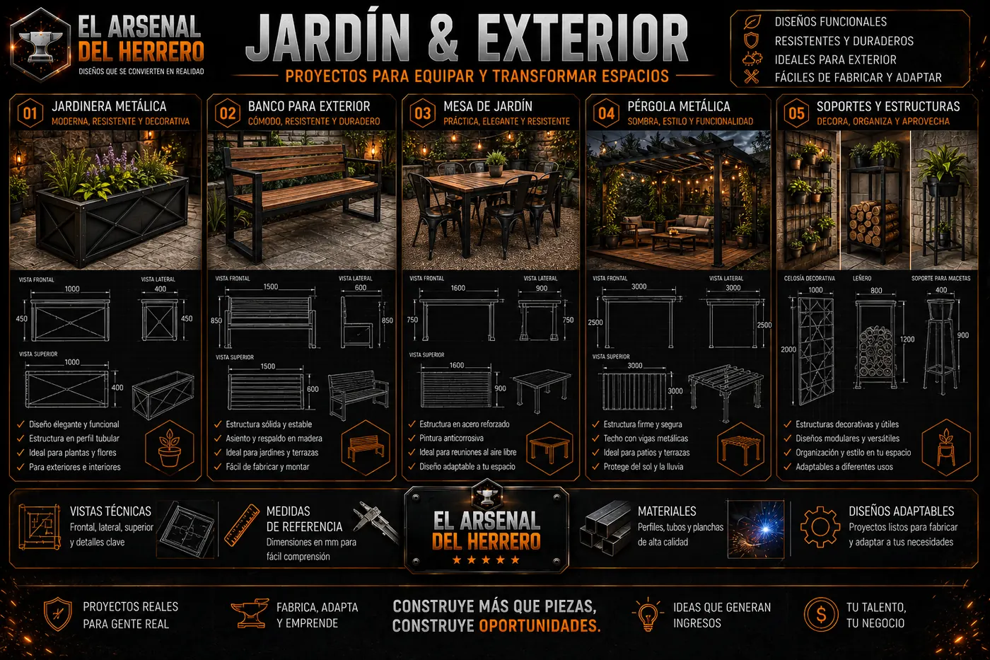 Jardín y exterior: jardinera metálica, banco para exterior, mesa de jardín, pérgola y soportes
