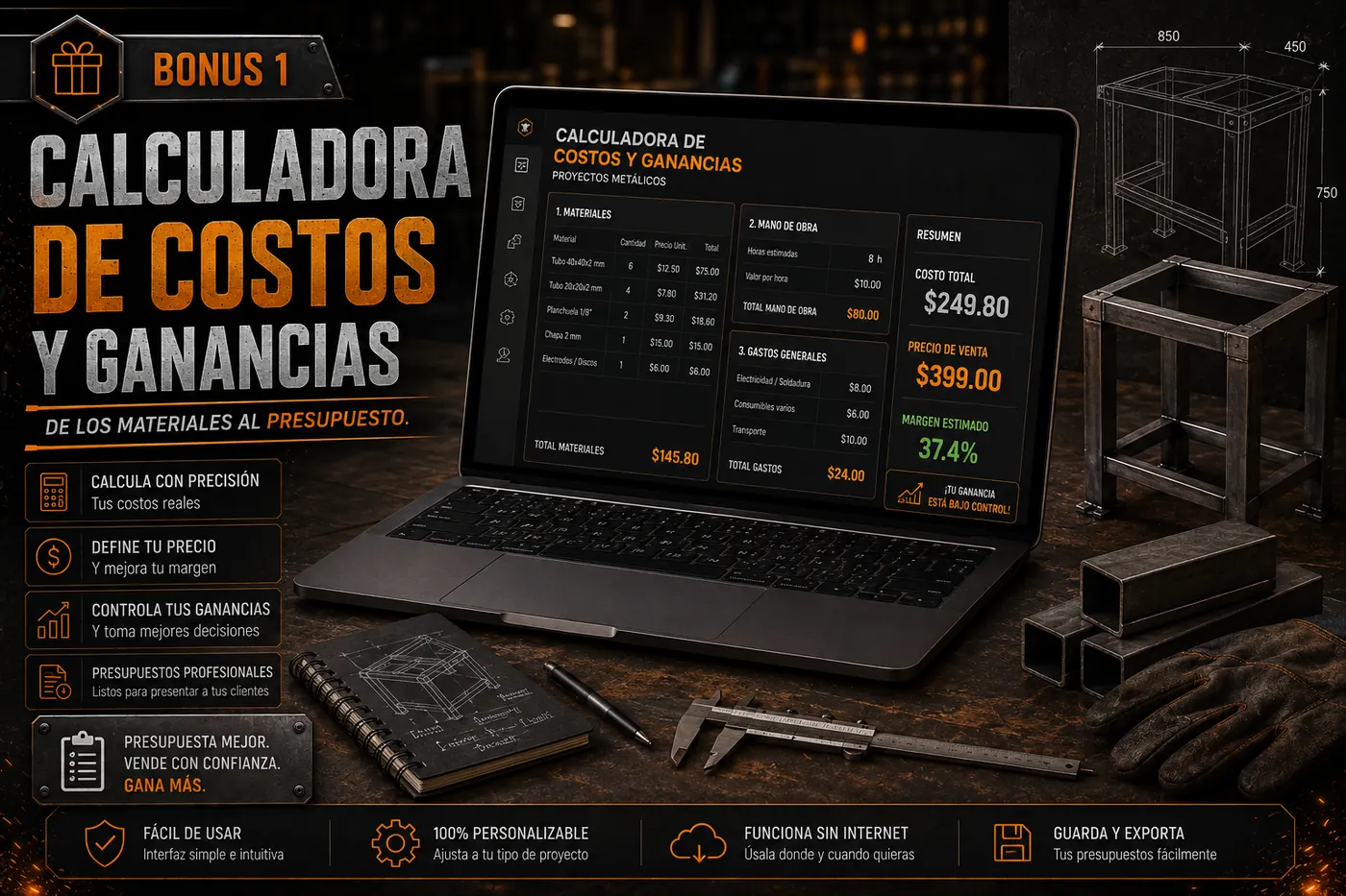 Bonus 1 — Calculadora de Costos y Ganancias con materiales, mano de obra, gastos y margen