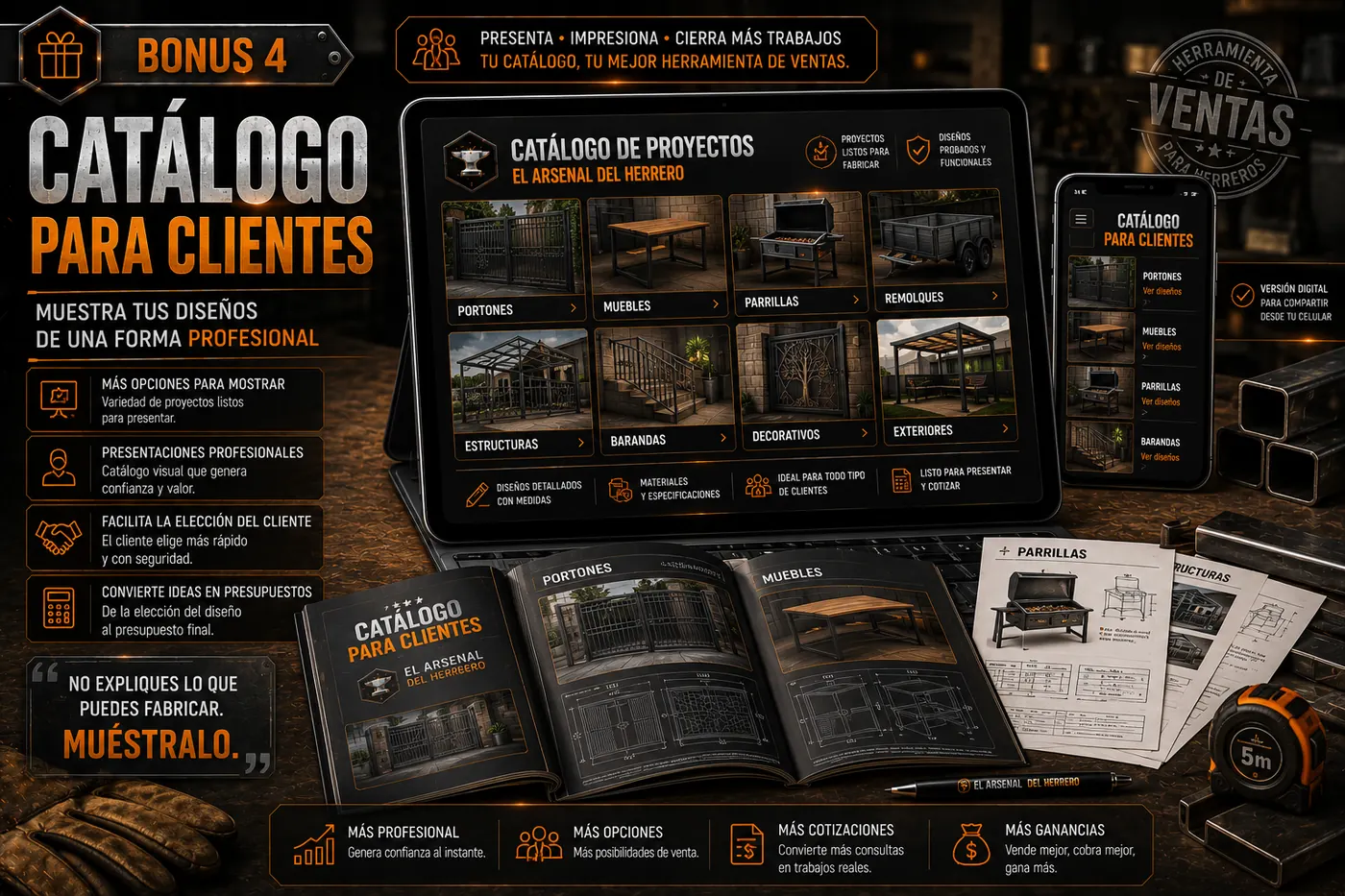 Bonus 4 — Catálogo para Clientes en tablet, celular e impreso, con proyectos por categoría