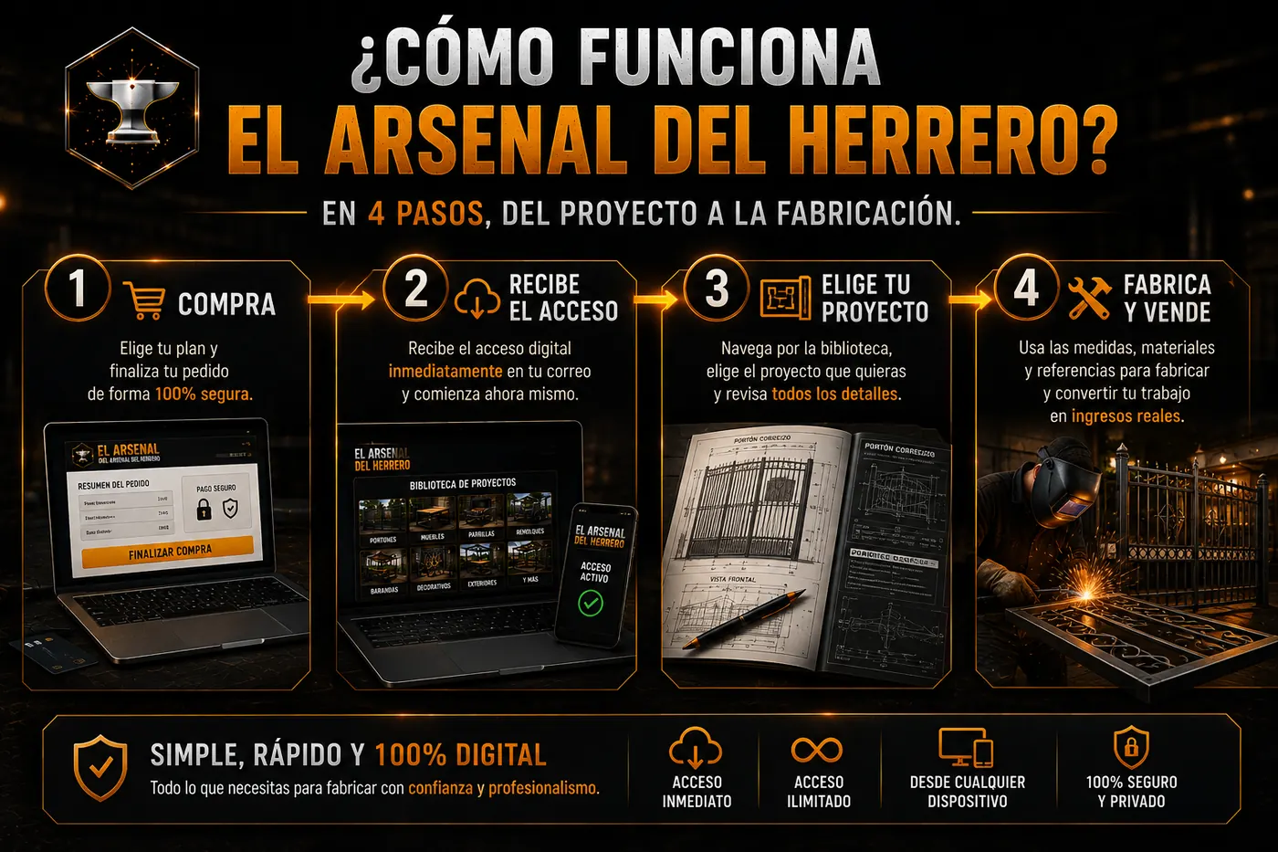 Cómo funciona El Arsenal del Herrero en 4 pasos: compra, recibe el acceso, elige tu proyecto y fabrica