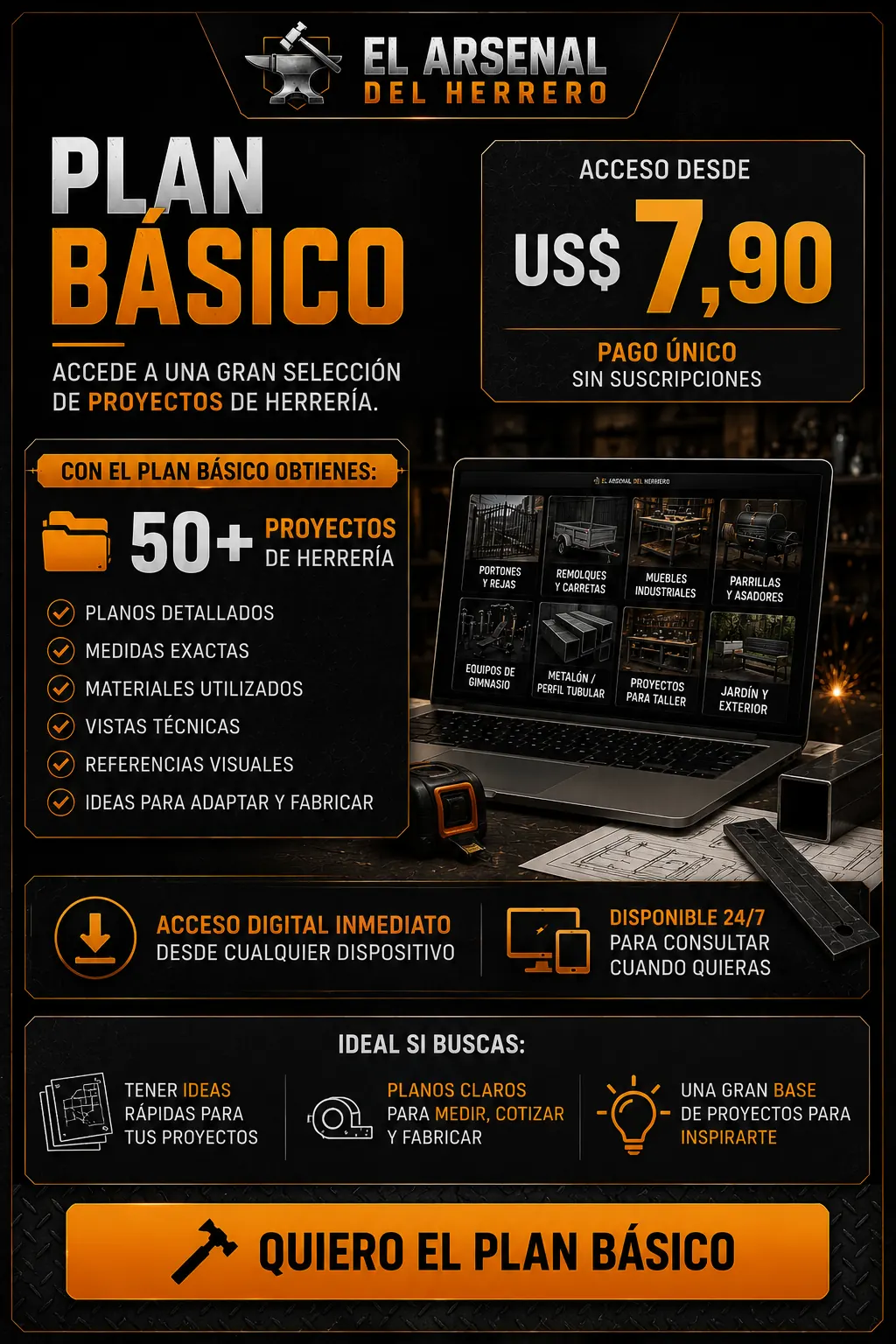 Plan Básico — 50+ proyectos de herrería por US$ 7,90, con planos, medidas y referencias visuales